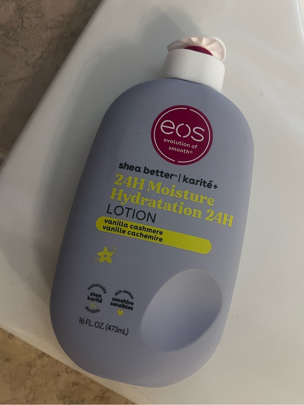 eos Vanilla Cashmere 24H Moisture Lotion — Light Lavender with Pink Accent